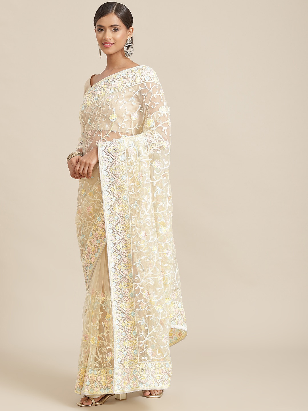 

GAJARAI Floral Embroidered Heavy Work Net Saree, Beige