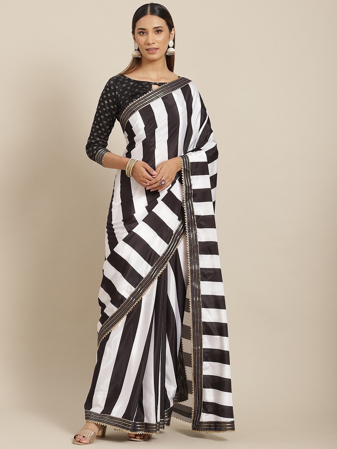 

GAJARAI Striped Gotta Patti Saree, Black