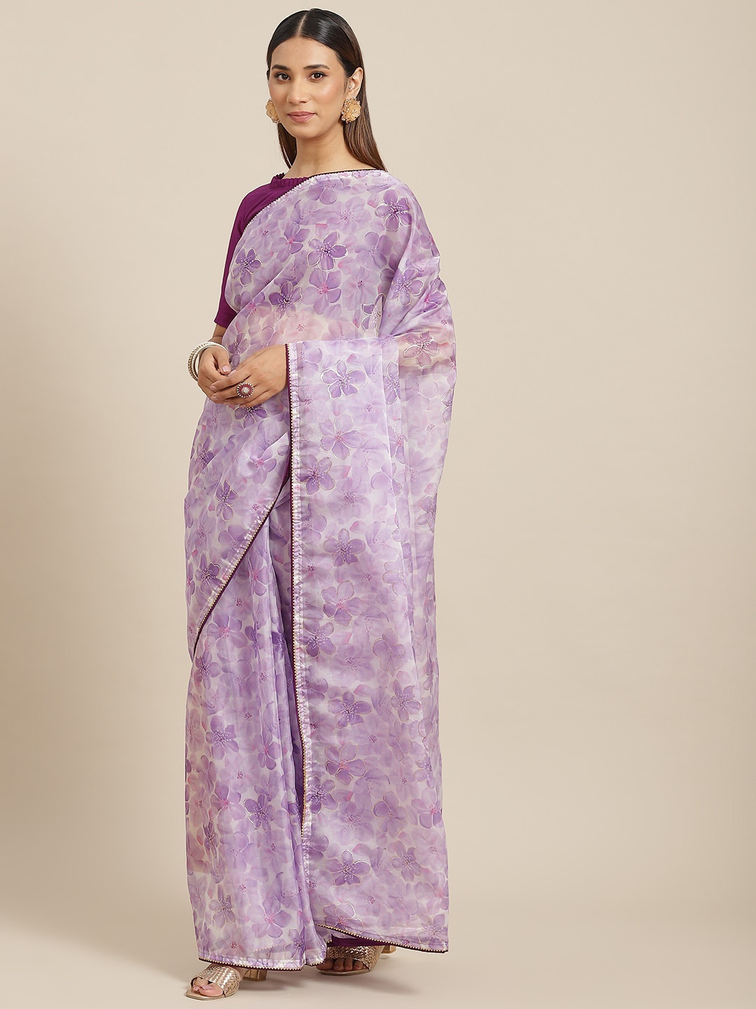 

GAJARAI Floral Printed Gotta Patti Organza Saree, Lavender