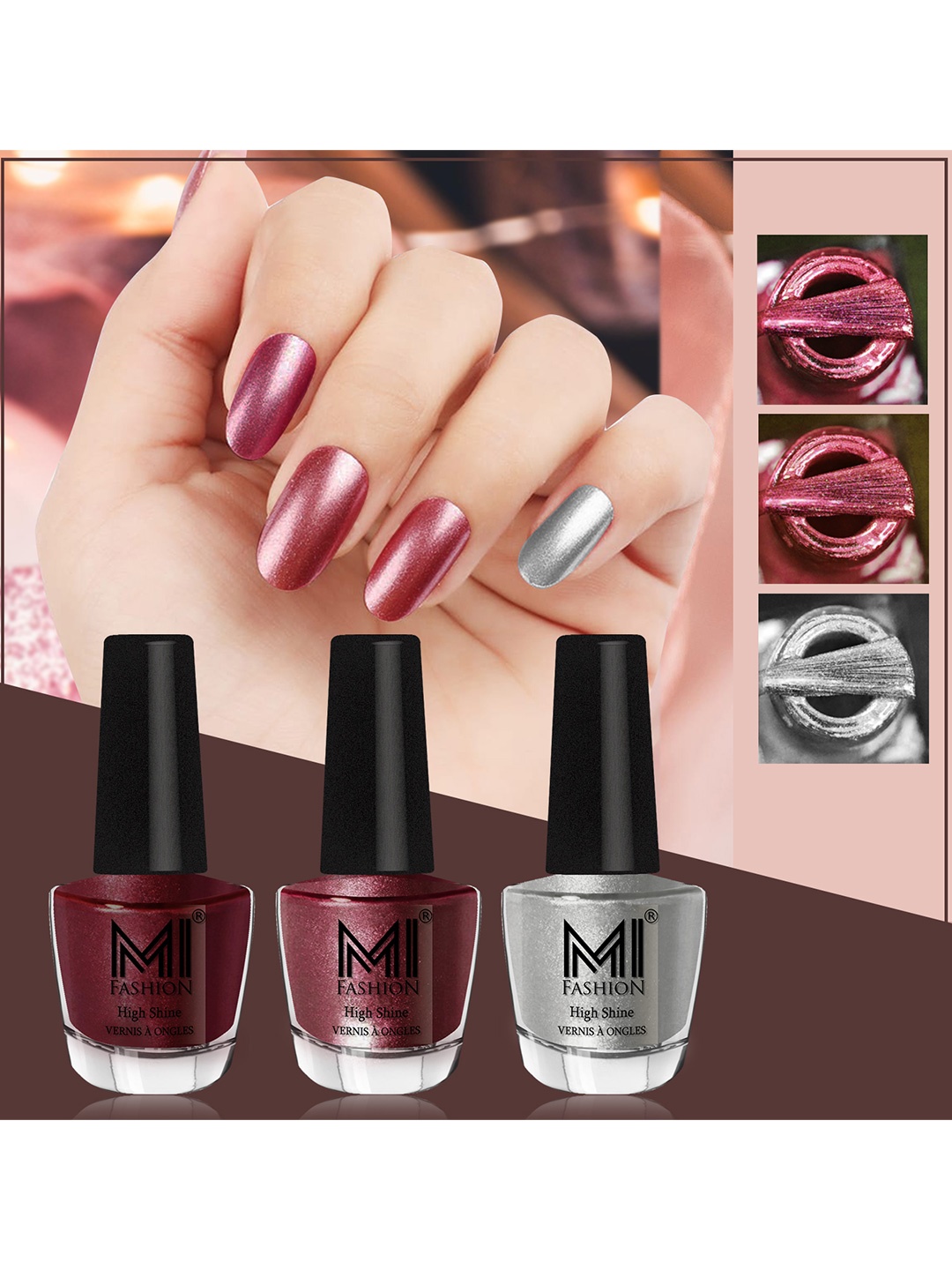 

MI FASHION Set Of 3 High Shine Long Lasting Shimmer Nail Paint - 12ml Each, Brown