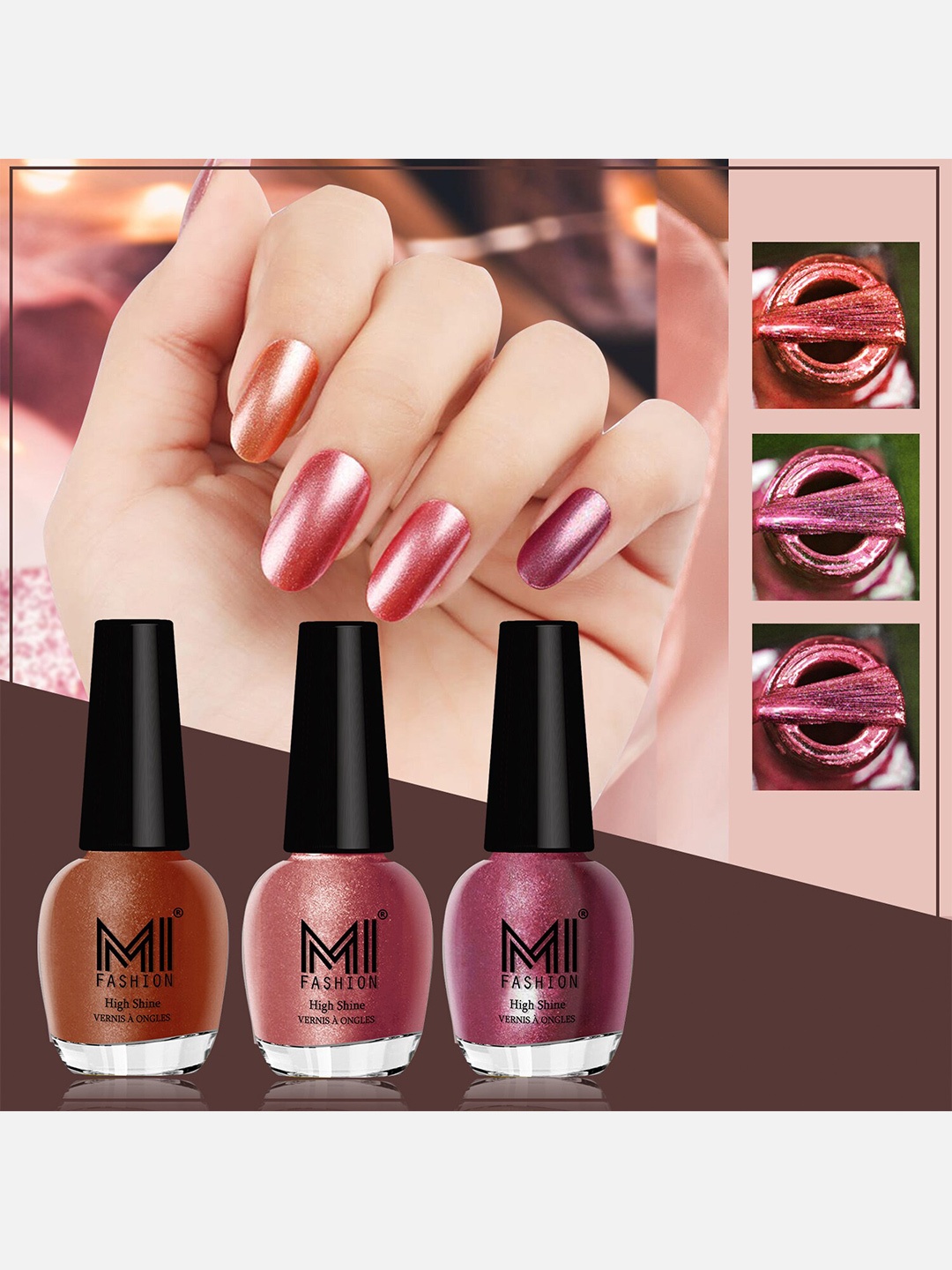 

MI FASHION Set Of 3 High Shine Long Lasting Shimmer Nail Paint - 12ml Each, Brown