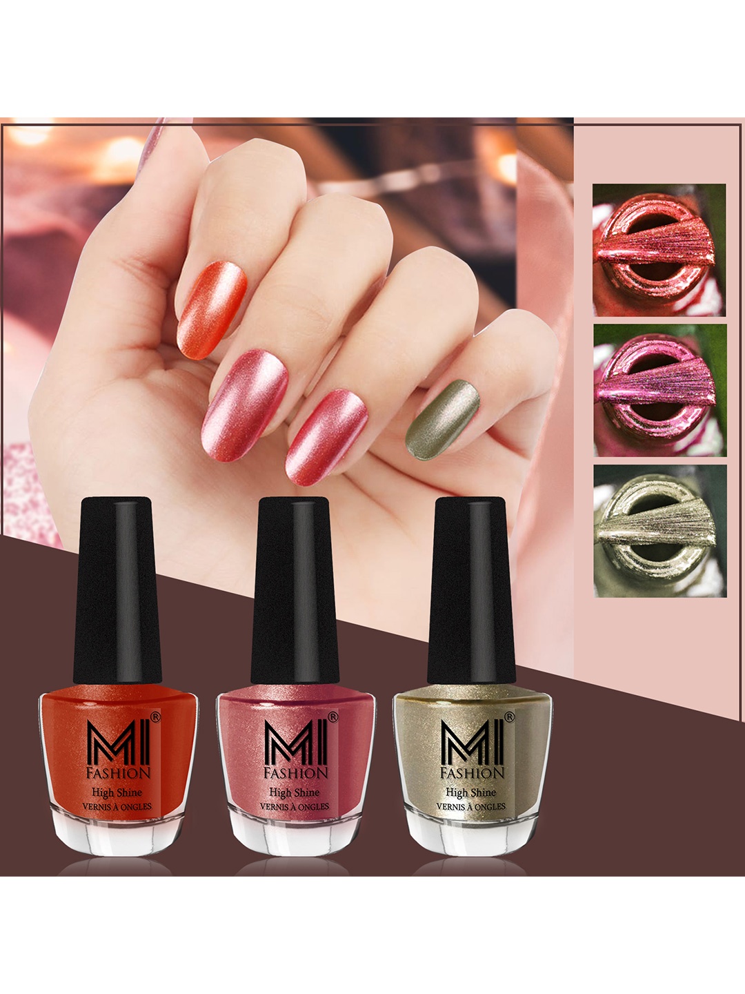 

MI FASHION Set Of 3 High Shine Long Lasting Shimmer Nail Paint - 12ml Each, Brown