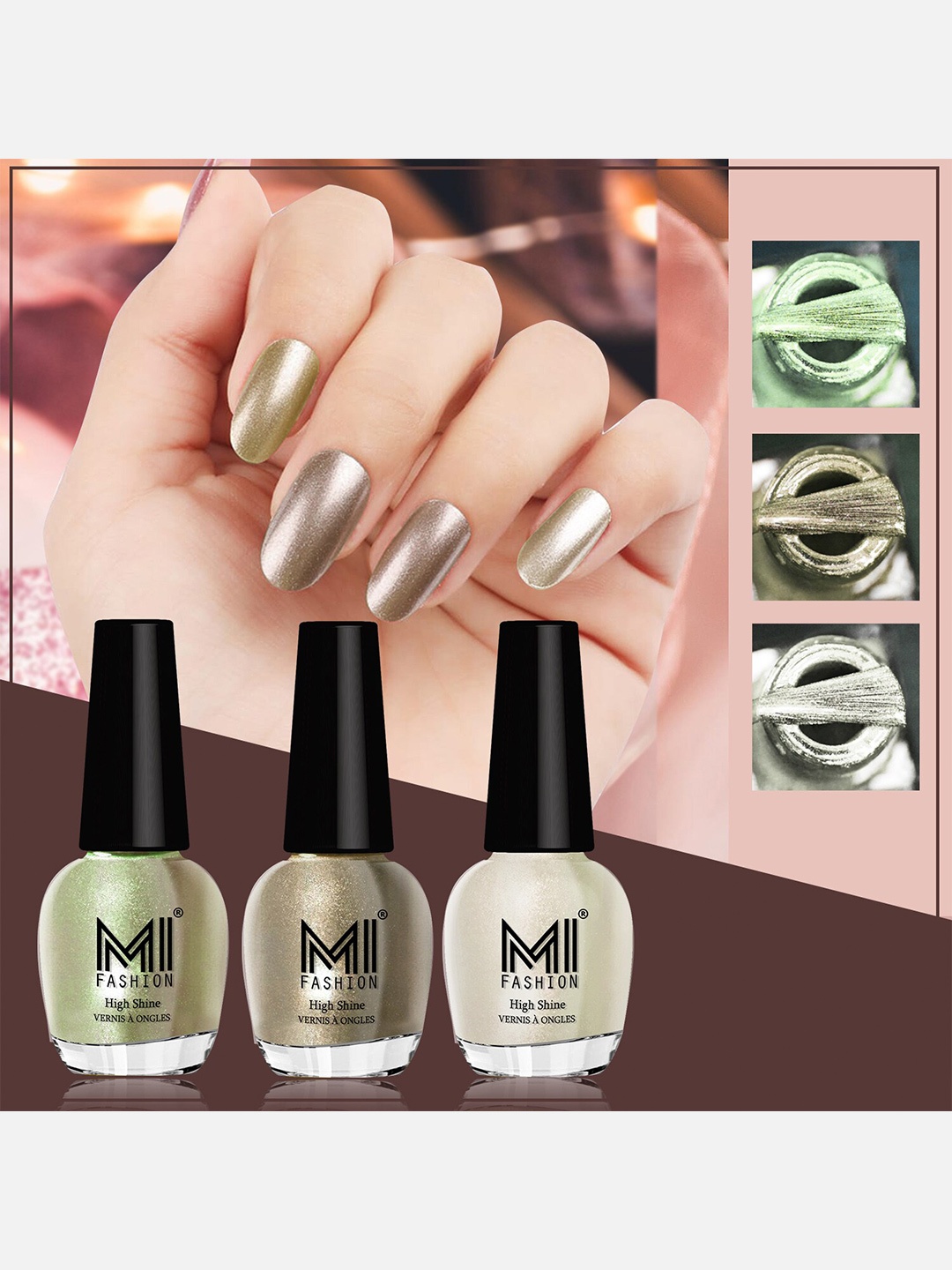 

MI FASHION Set Of 3 High Shine Long Lasting Shimmer Nail Paint - 12ml Each, Green