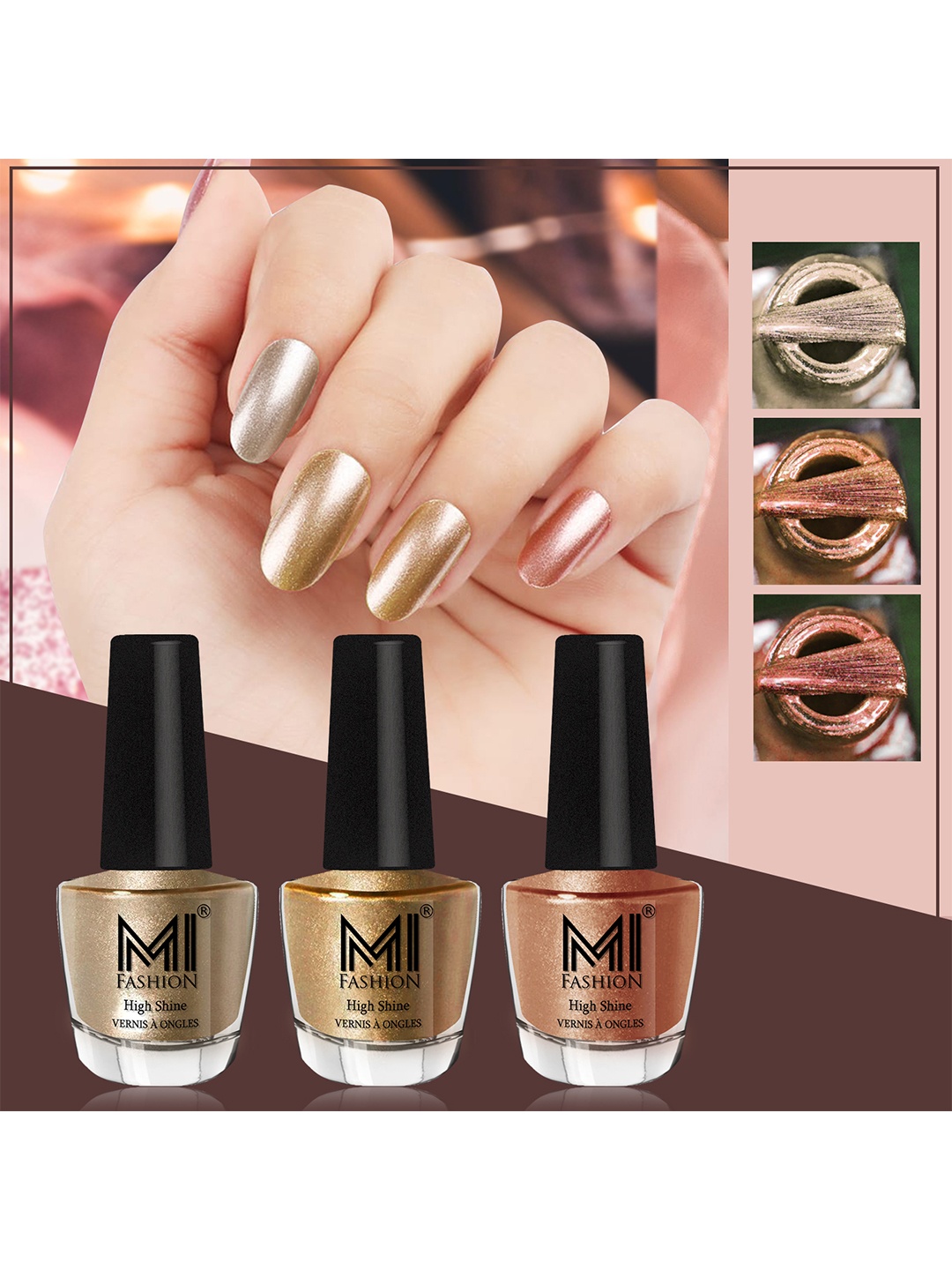 

MI FASHION Set Of 3 High Shine Long Lasting Shimmer Nail Paint - 12ml Each, Gold