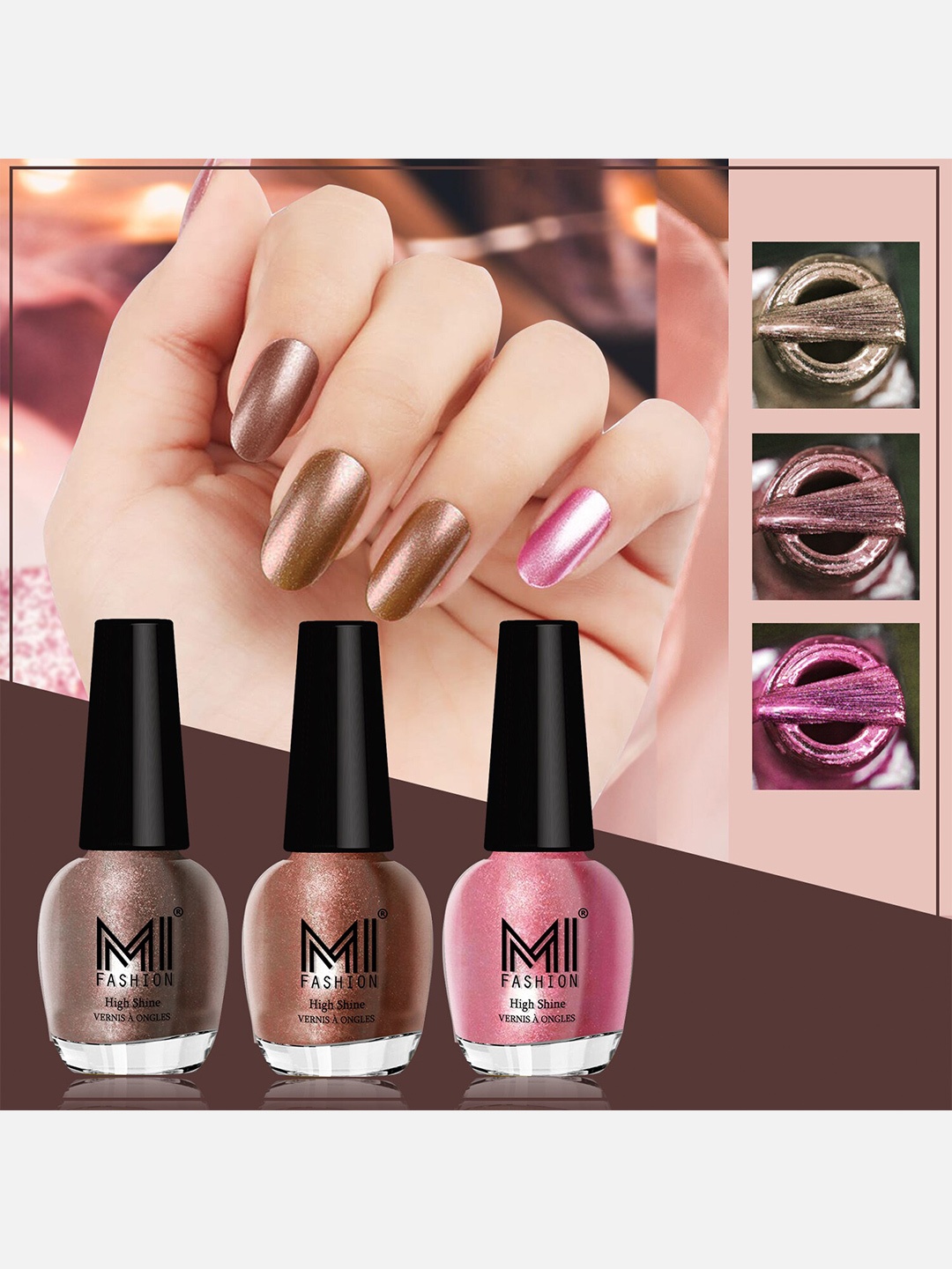 

MI FASHION Set of 3 Vernis A Ongles High Shine Long Lasting Shimmer Nail Paint - 12ml each, Pink