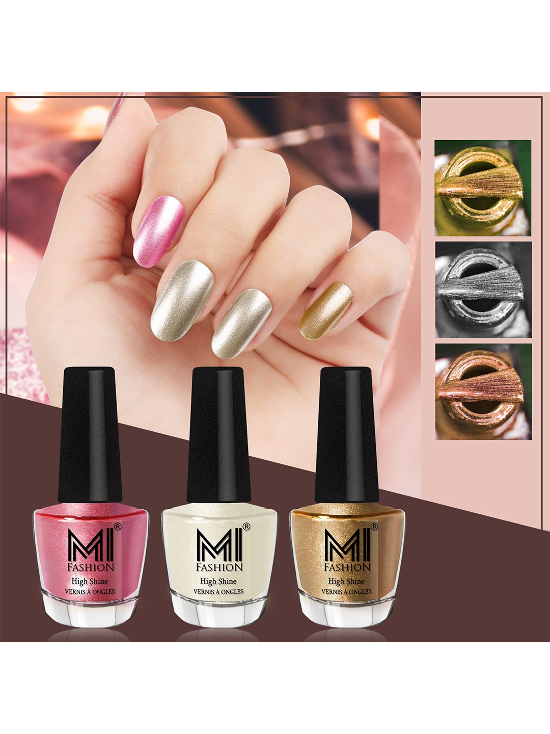 

MI FASHION Set of 3 Vernis A Ongles High Shine Long Lasting Shimmer Nail Paint - 12ml each, Pink