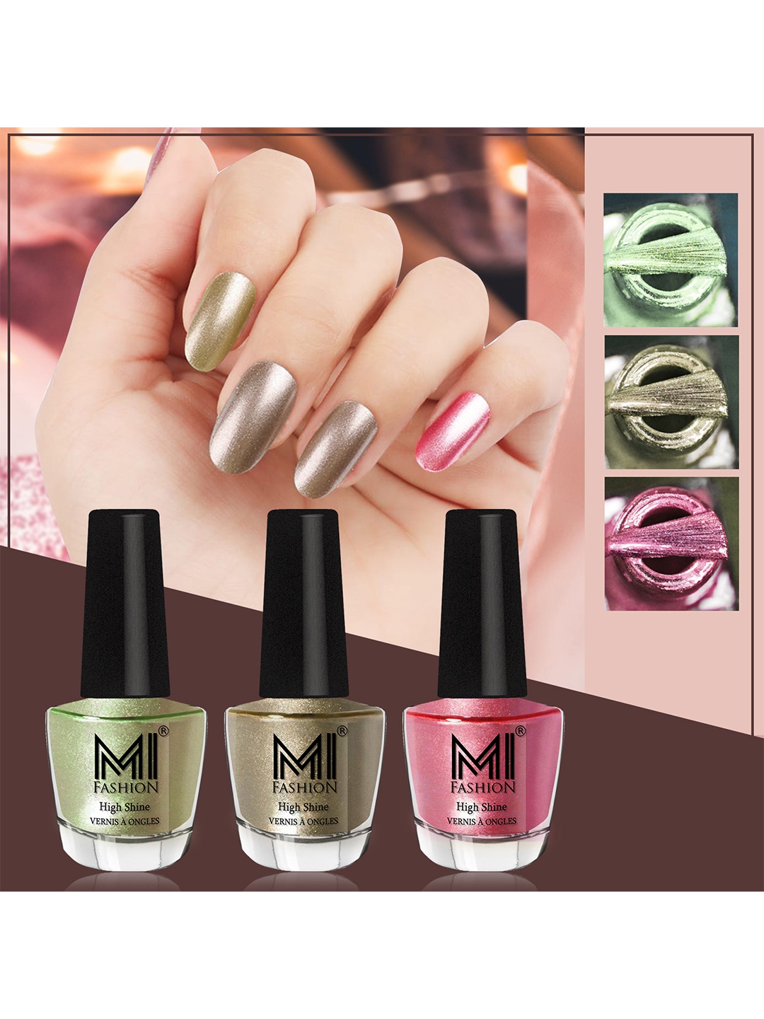 

MI FASHION Set of 3 Vernis A Ongles High Shine Long Lasting Shimmer Nail Paint - 12ml each, Pink