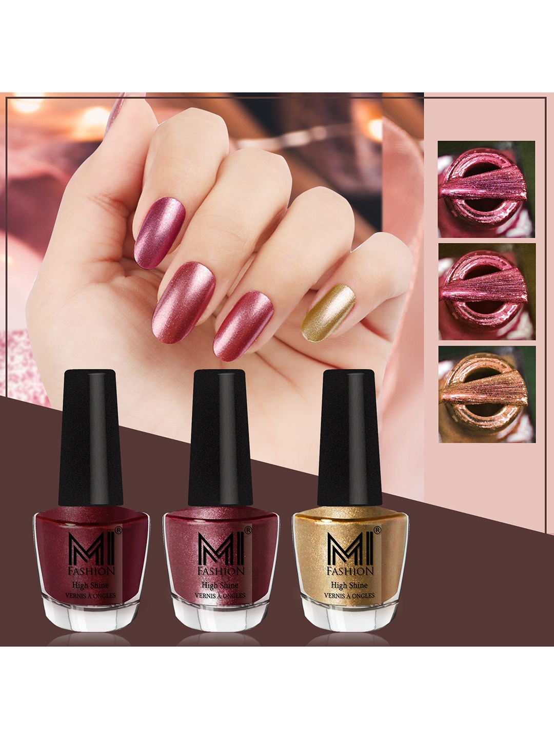 

MI FASHION Set of 3 High Shine Long-Lasting Nail Lacquer 12 ml Each - Shimmer Coffee 09 - Metallic Maroon 10 - Golden 43, Brown
