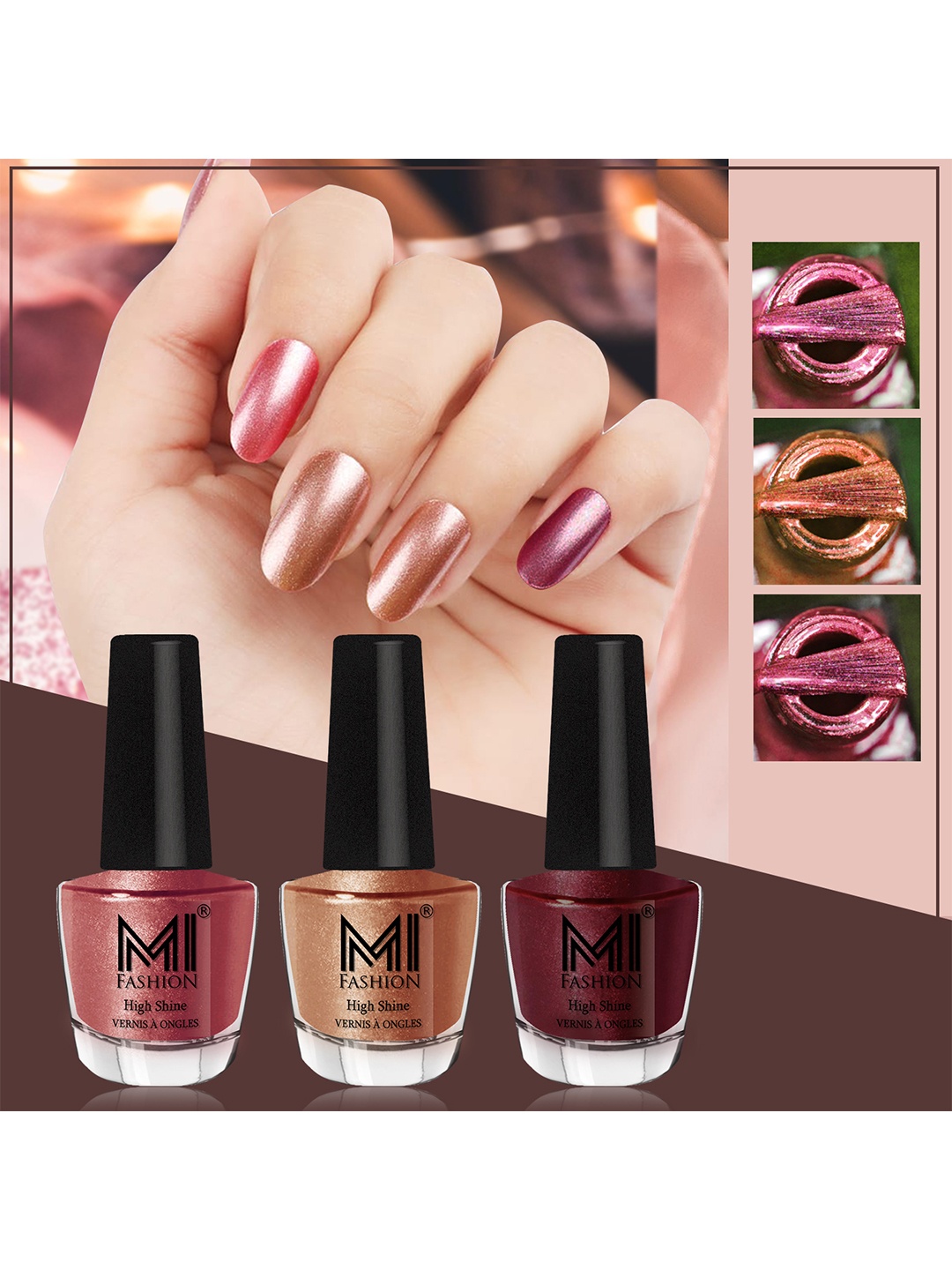 

MI FASHION Set of 3 High Shine Long-Lasting Nail Lacquer 12 ml Each - Hot Lava 61 - Bronze Magnetic 62 - Shimmer Coffee 09, Brown