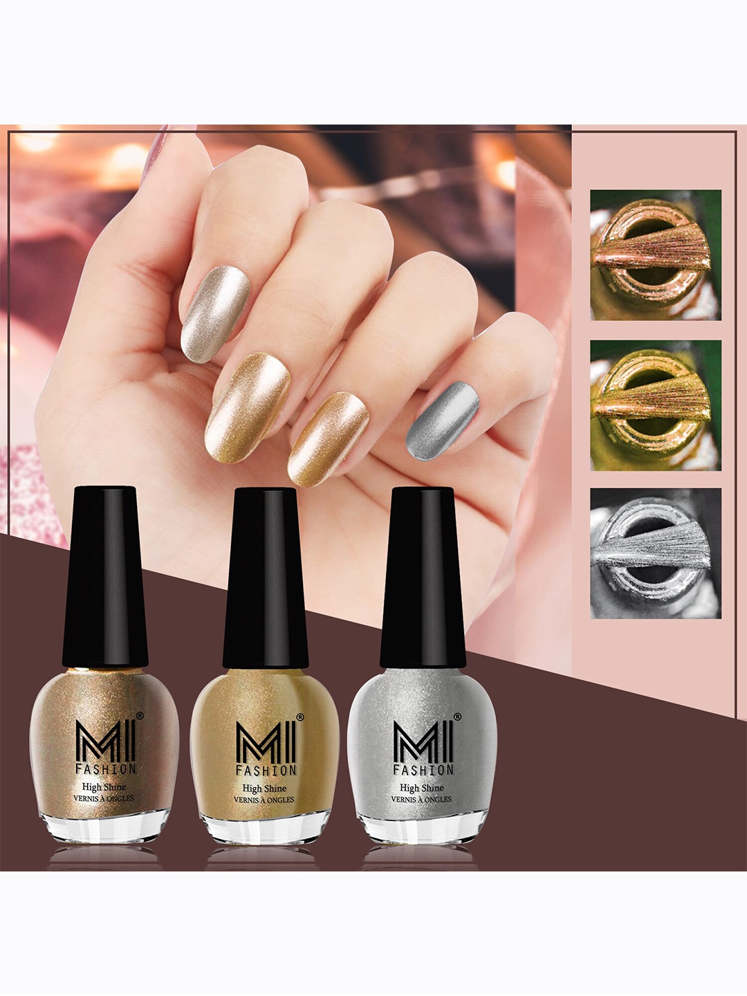 

MI FASHION Set of 3 High Shine Long-Lasting Nail Lacquer 12 ml Each - Golden 43 - Metallic Golden 45 - Metallic Silver 46, Gold