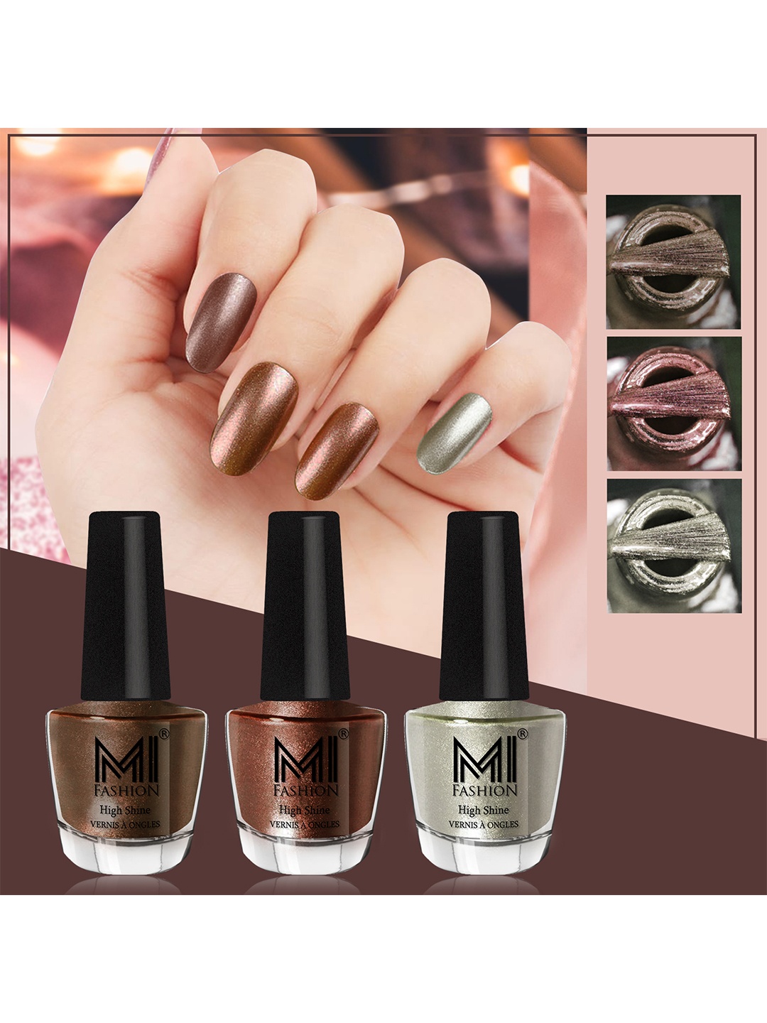 

MI FASHION Set of 3 High Shine Long-Lasting Nail Lacquer 12 ml Each - Metallic Coffee 04 - Brown Coffee 05 - Metallic Green 67