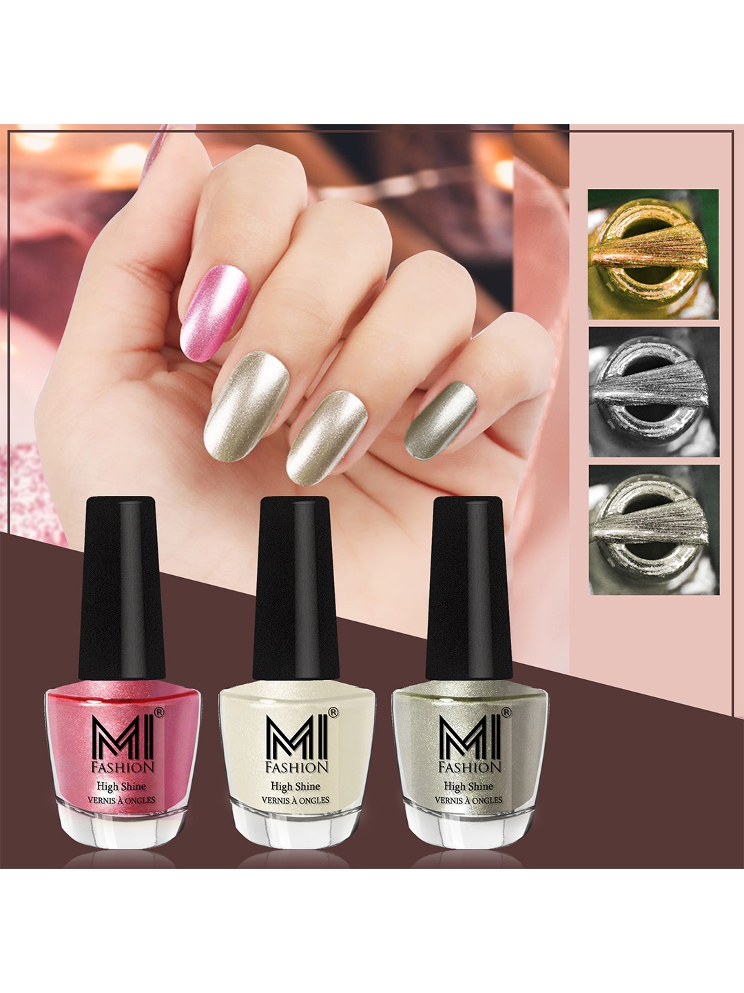 

MI FASHION Set of 3 High Shine Long-Lasting Nail Lacquer 12 ml Each - Metallic Pink 47 - Pearly White Chrome 58 - Metallic Green 67