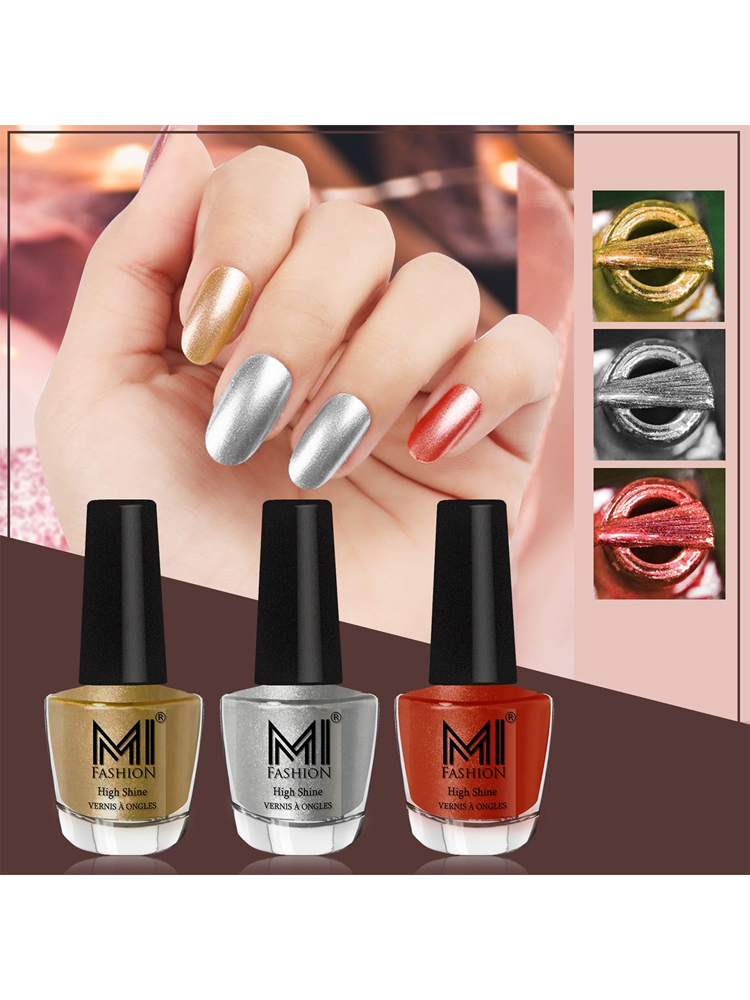 

MI FASHION Set of 3 High Shine Long-Lasting Nail Lacquer 12 ml Each - Metallic Golden 45 - Metallic Silver 46 - Red Gold 60