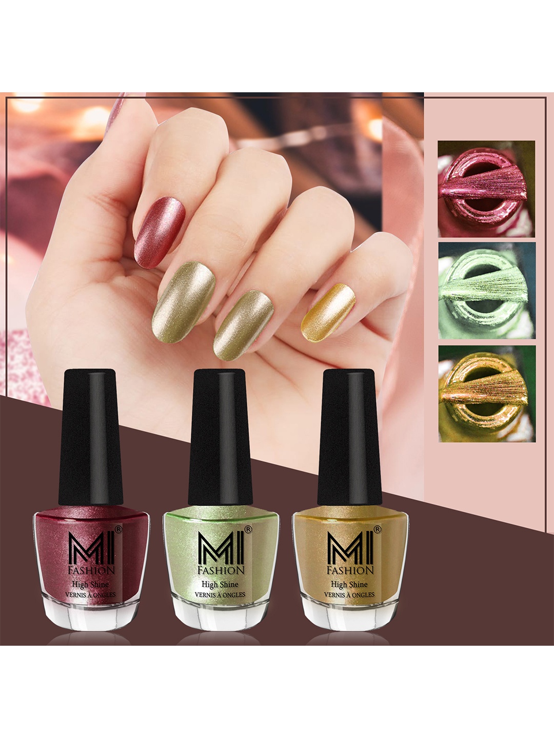 

MI FASHION Set of 3 High Shine Long-Lasting Nail Lacquer 12 ml Each - Metallic Maroon 10 - Metallic Olive Green 11 - Metallic Golden 45