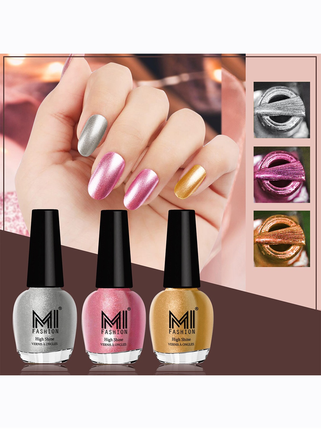 

MI FASHION Set of 3 High Shine Long-Lasting Nail Lacquer 12 ml Each - Metallic Silver 46 - Metallic Pink 47 - Gold Chrome 59