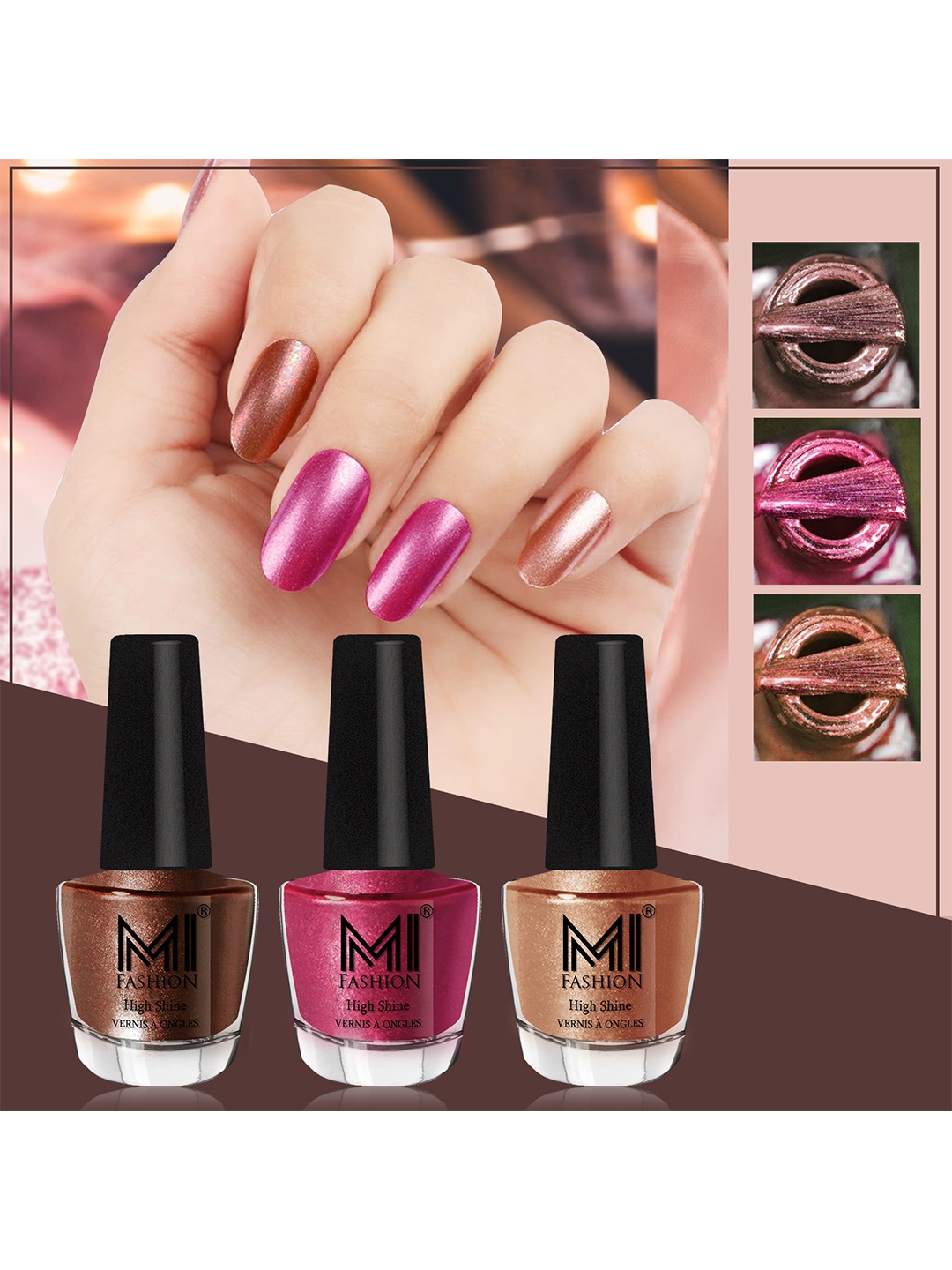 

MI FASHION Set of 3 High Shine Long-Lasting Nail Lacquer 12 ml Each - Brown Coffee 05 - Metallic Red 06 - Bronze Magnetic 62