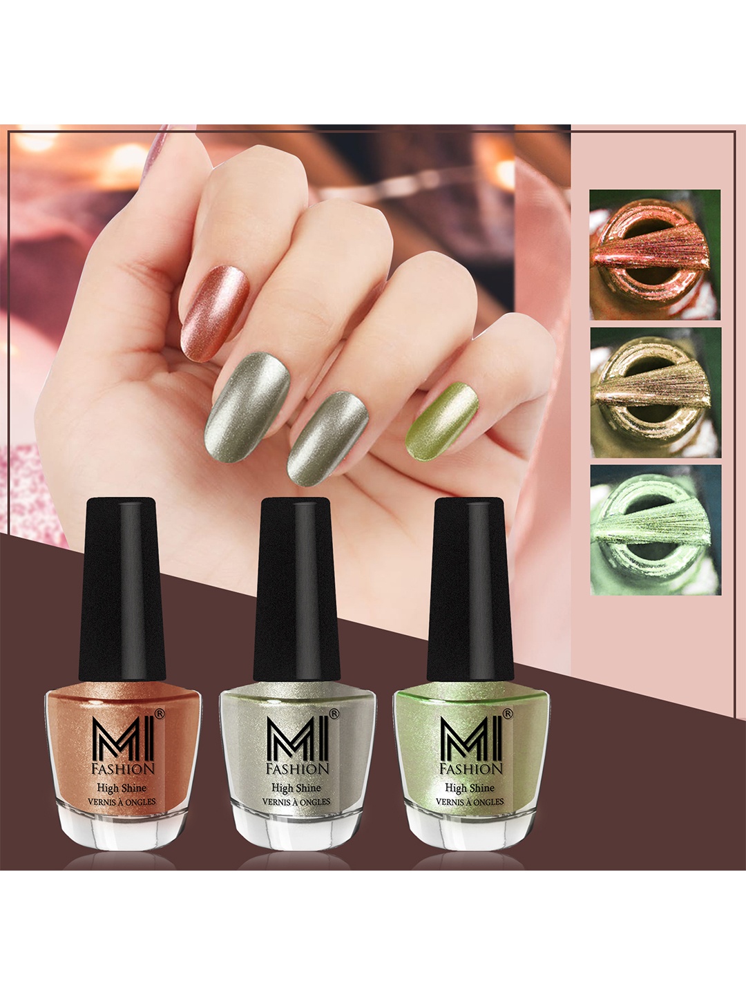 

MI FASHION Set Of 3 High-Shine Long-Lasting Shimmer Nail Paint - 12ml Each, Green