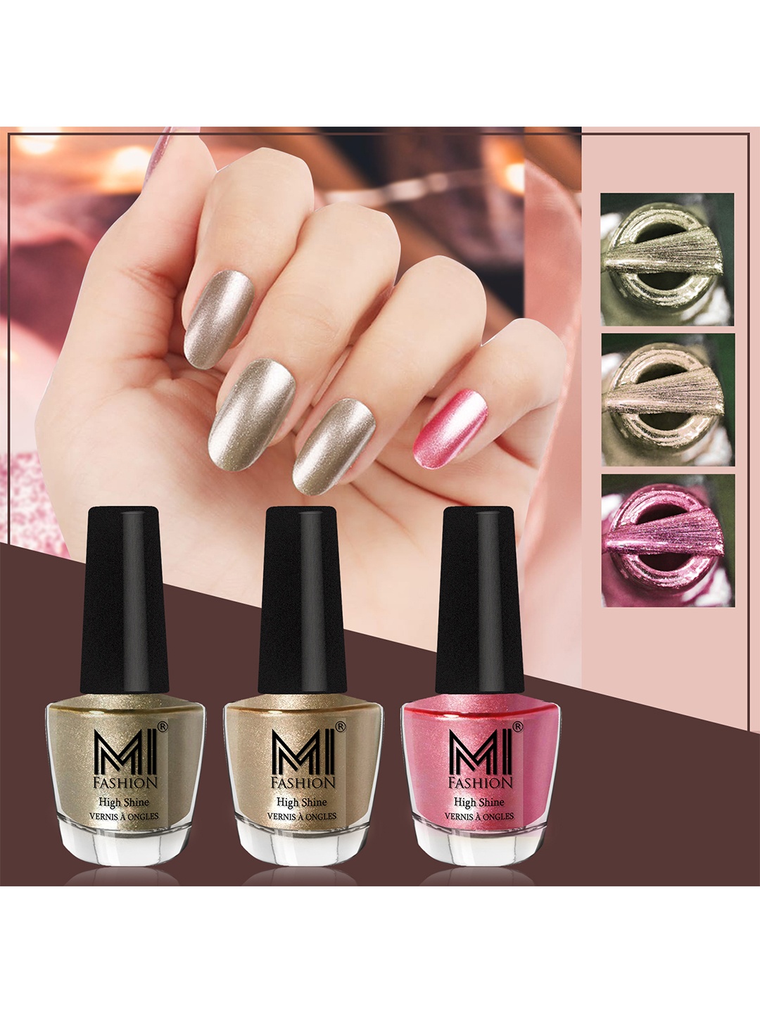 

MI FASHION Set Of 3 High-Shine Long-Lasting Shimmer Nail Paint - 12ml Each, Pink