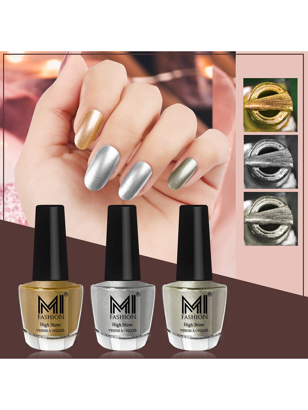 

MI FASHION Set Of 3 High-Shine Long-Lasting Shimmer Nail Paint - 12ml Each, Green