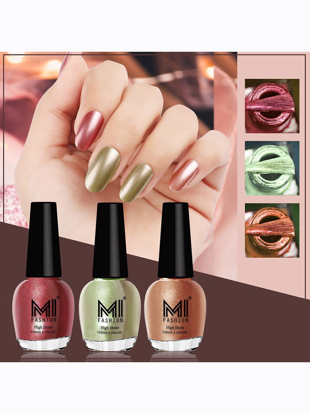 

MI FASHION Set Of 3 High-Shine Long-Lasting Shimmer Nail Paint - 12ml Each, Olive