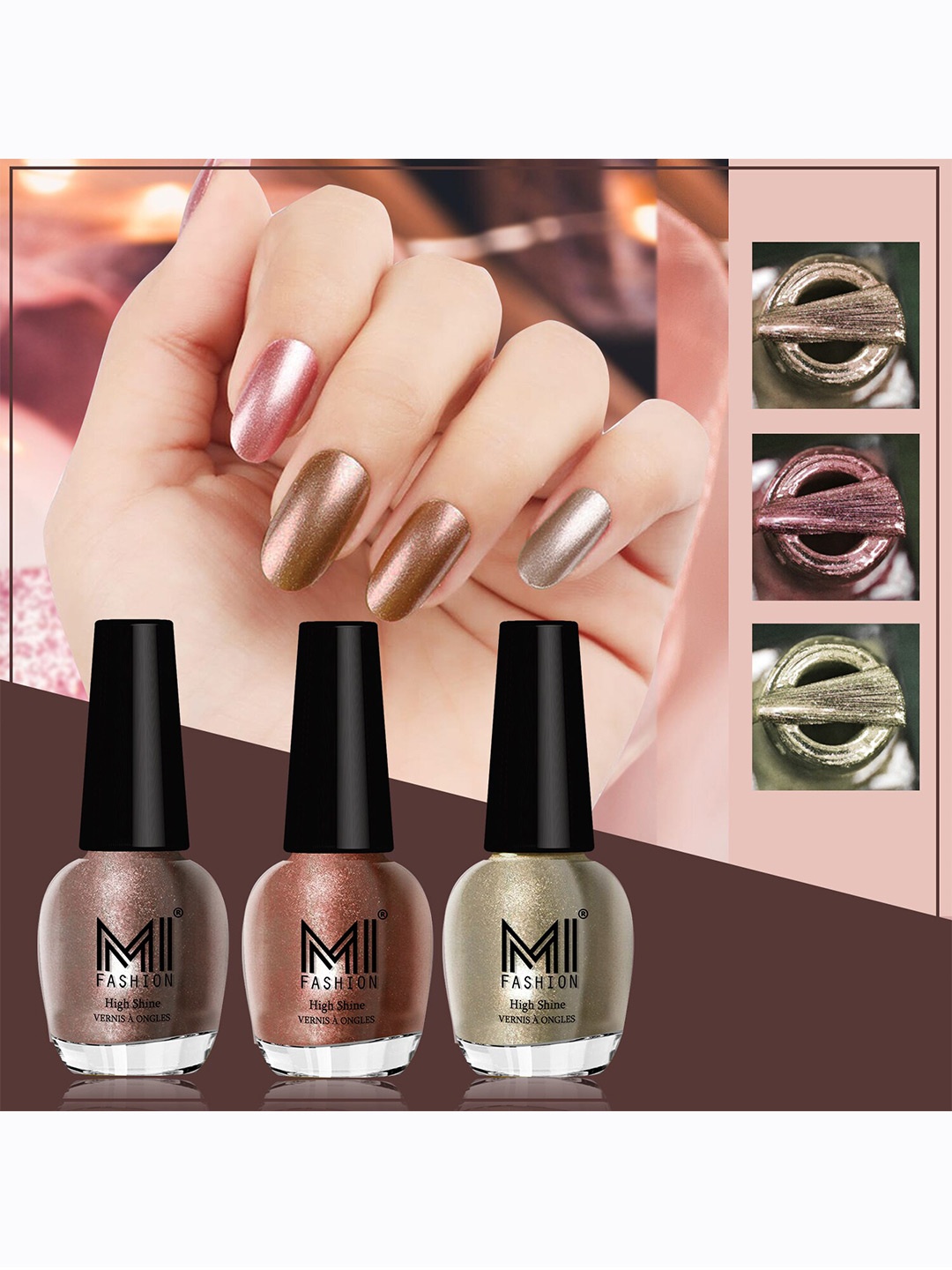 

MI FASHION Set Of 3 High-Shine Long-Lasting Shimmer Nail Paint - 12ml Each, Brown