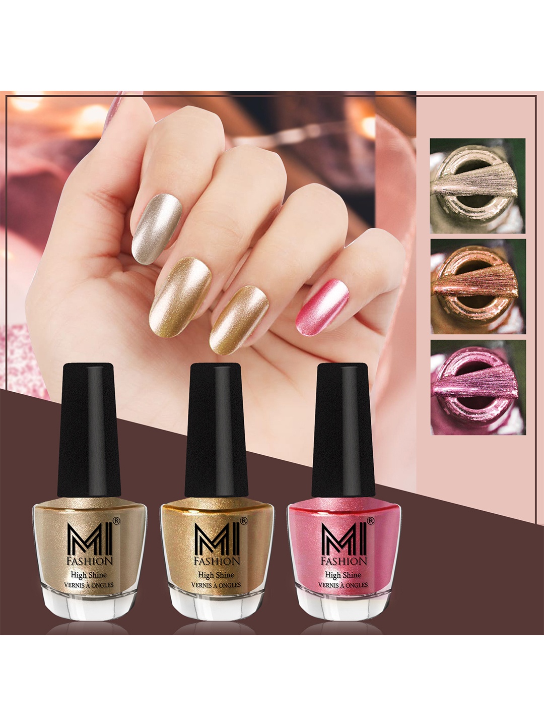 

MI FASHION Set Of 3 High-Shine Long-Lasting Shimmer Nail Paint - 12ml Each, Pink