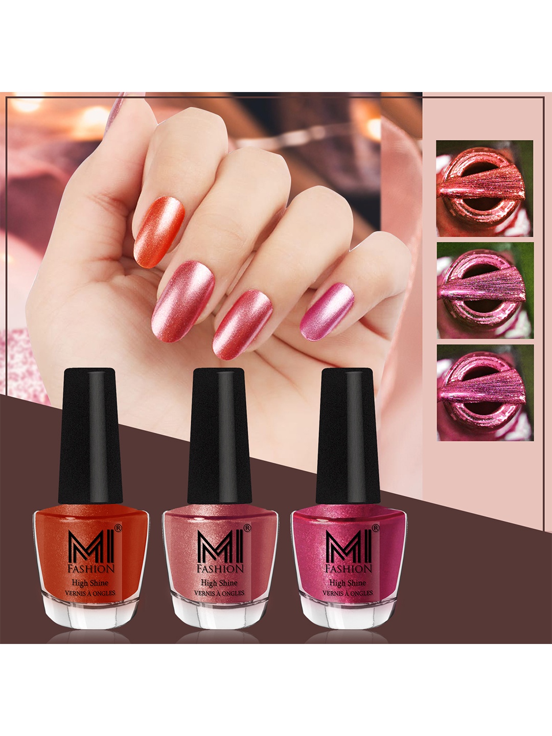 

MI FASHION Set Of 3 High-Shine Long-Lasting Shimmer Nail Paint - 12ml Each, Red