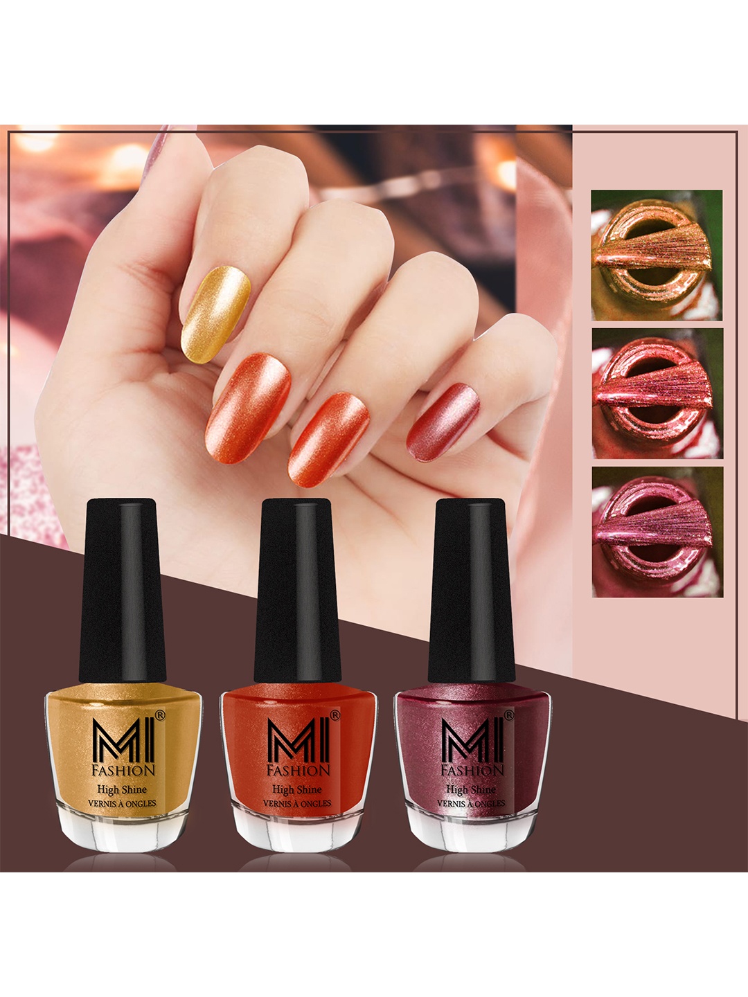 

MI FASHION Set Of 3 High-Shine Long-Lasting Shimmer Nail Paint - 12ml Each, Maroon