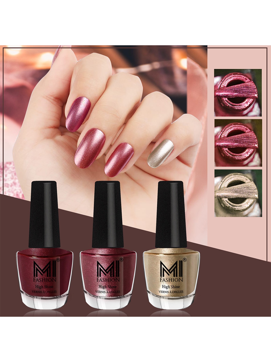 

MI FASHION Set of 3 Vernis A Ongles High Shine Shimmer Nail Paints - 12ml Each, Pink