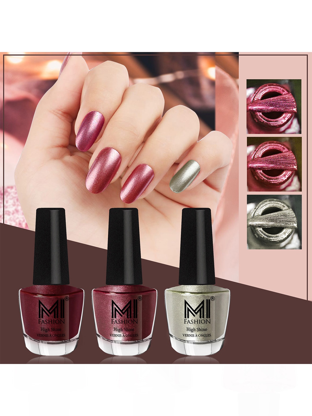 

MI FASHION Set of 3 Vernis A Ongles High Shine Shimmer Nail Paints - 12ml Each, Pink