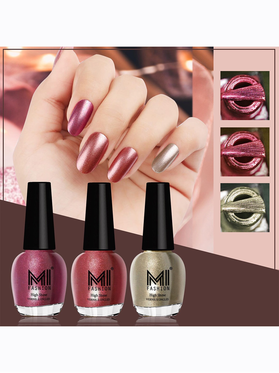 

MI FASHION Set of 3 Vernis A Ongles High Shine Shimmer Nail Paints - 12ml Each, Pink