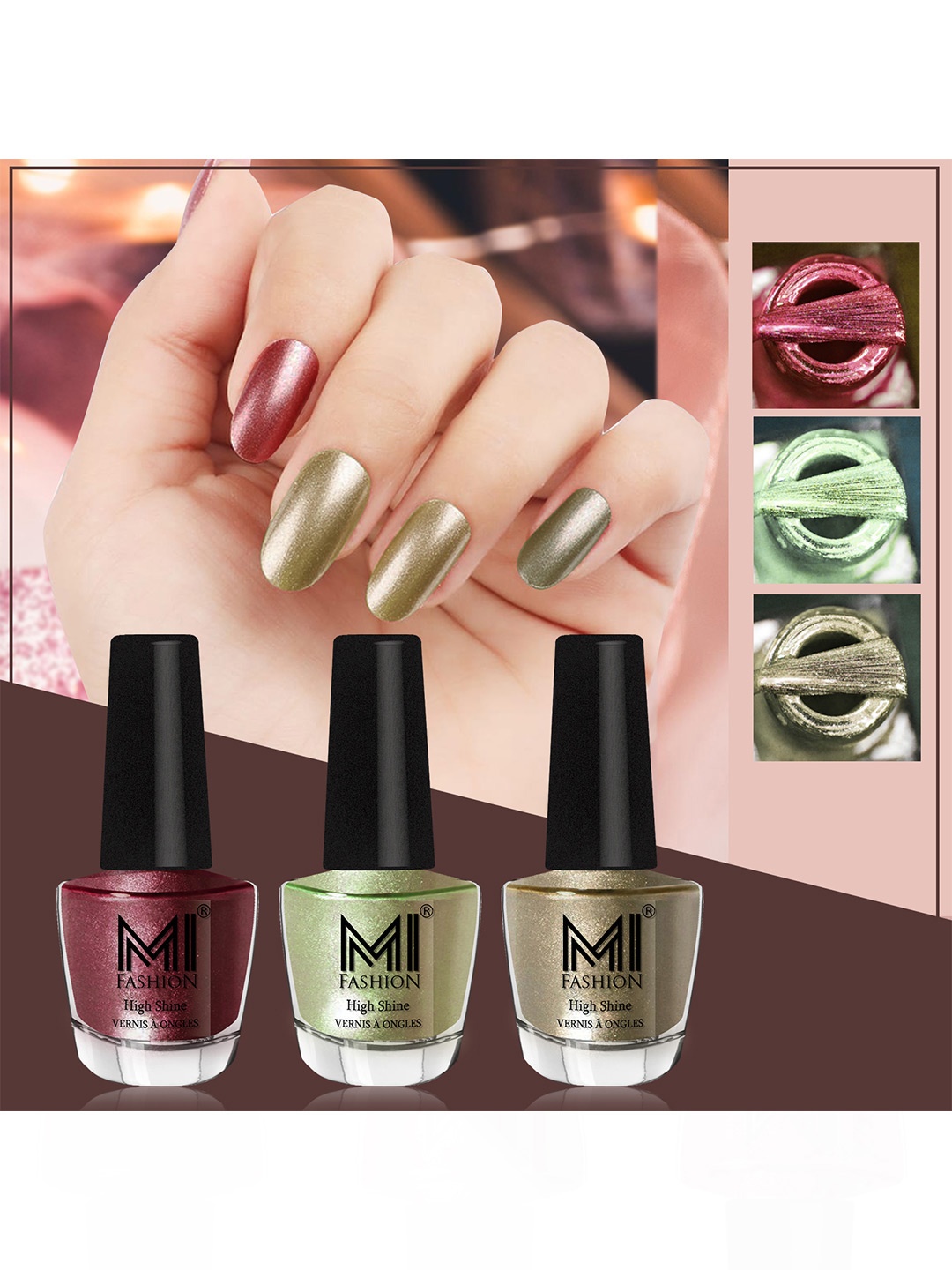 

MI FASHION Set of 3 Vernis A Ongles High Shine Shimmer Nail Paints - 12ml Each, Green