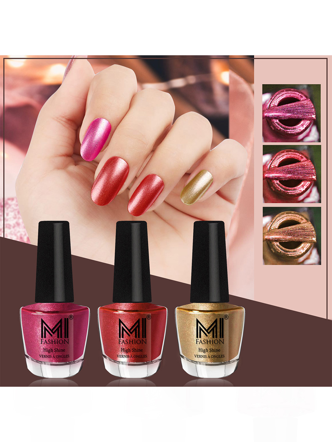 

MI FASHION Set of 3 Vernis A Ongles High Shine Shimmer Nail Paints - 12ml Each, Pink