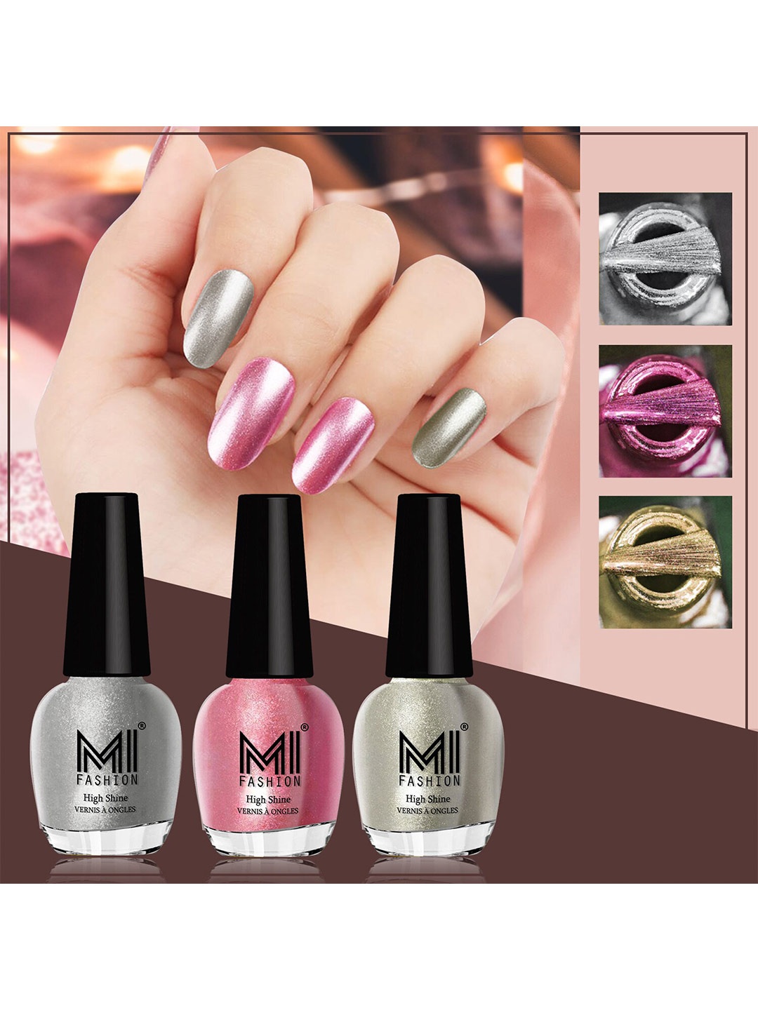 

MI FASHION Set Of 3 High Shine Long Lasting Shimmer Nail Paint - 12ml Each, Silver