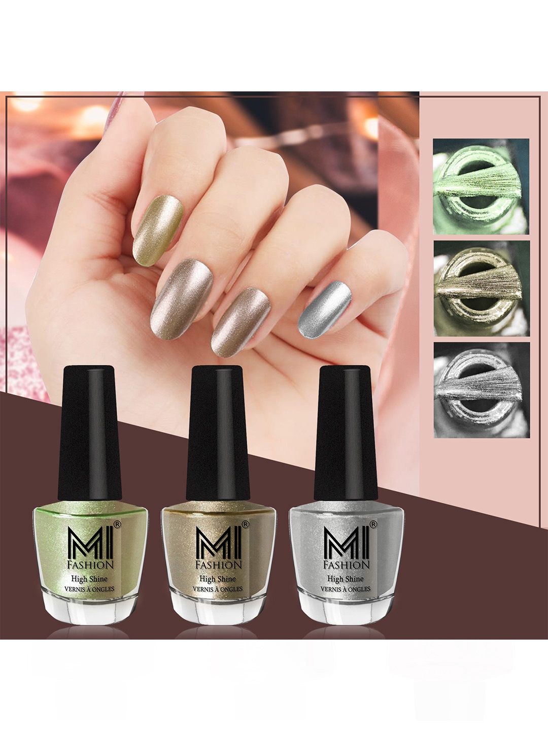 

MI FASHION Set Of 3 High Shine Long Lasting Shimmer Nail Paint - 12ml Each, Green