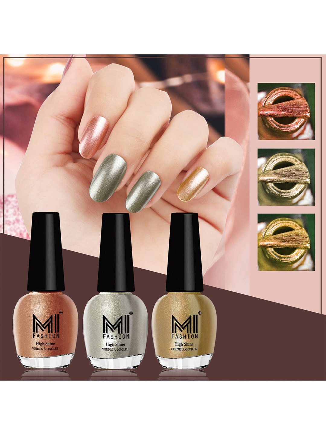 

MI FASHION Set Of 3 High Shine Long Lasting Shimmer Nail Paint - 12ml Each, Brown