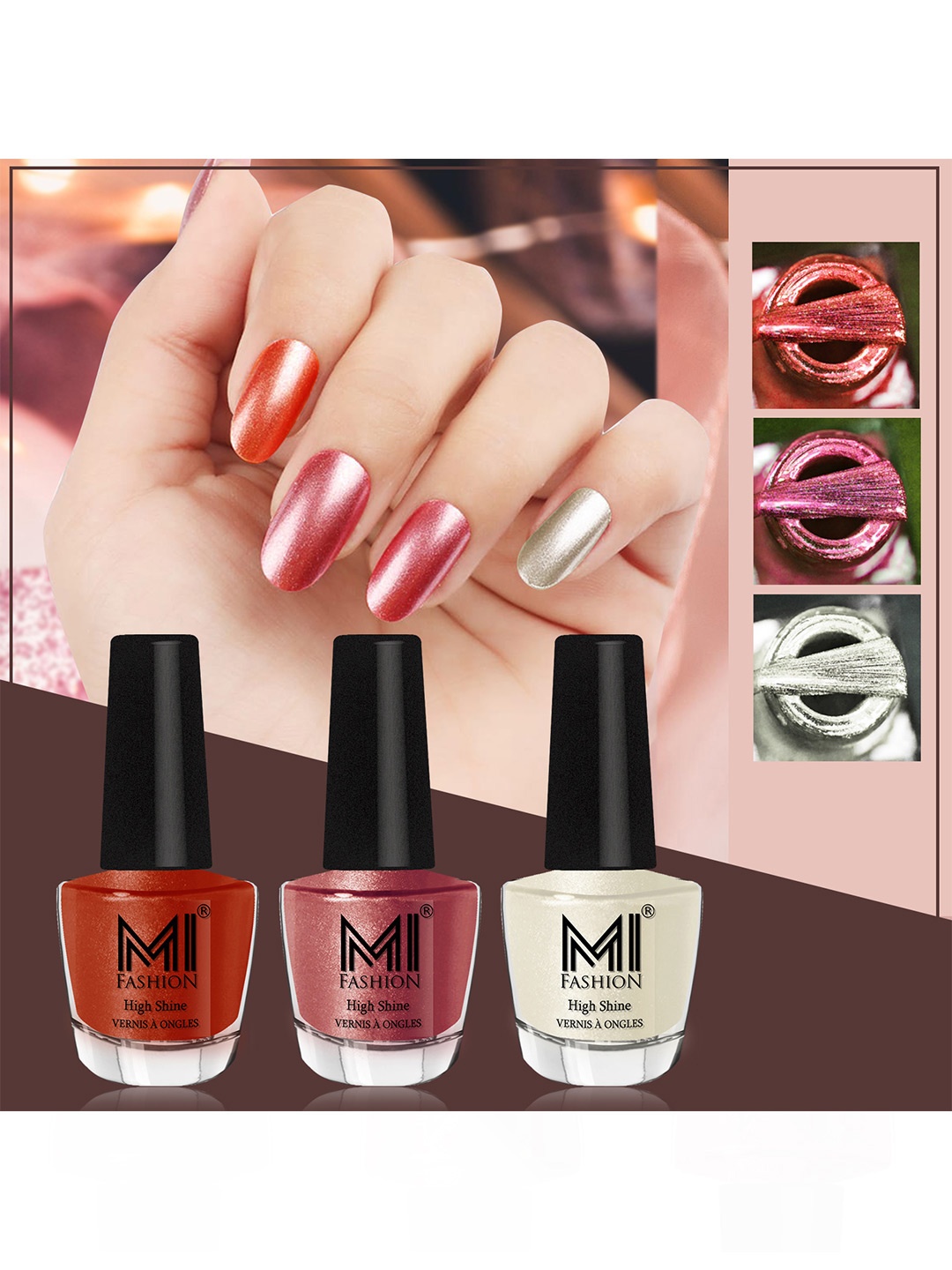 

MI FASHION Set Of 3 High Shine Long Lasting Shimmer Nail Paint - 12ml Each, Brown