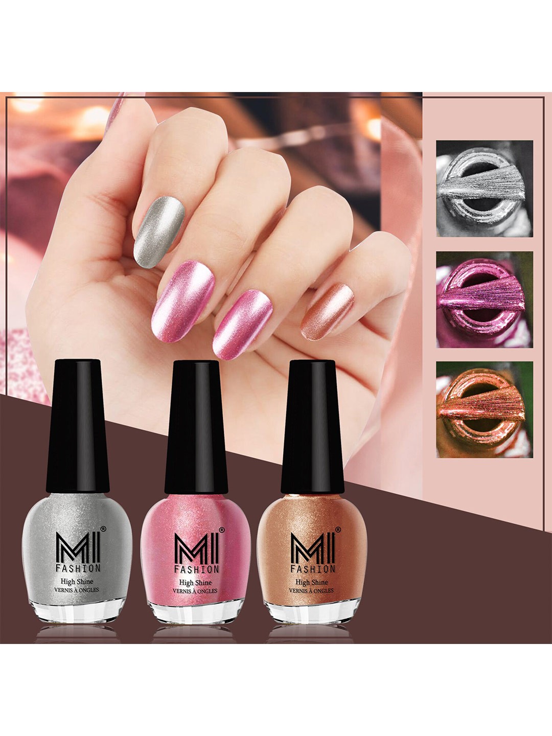 

MI FASHION Set Of 3 High Shine Long Lasting Shimmer Nail Paint - 12ml Each, Pink