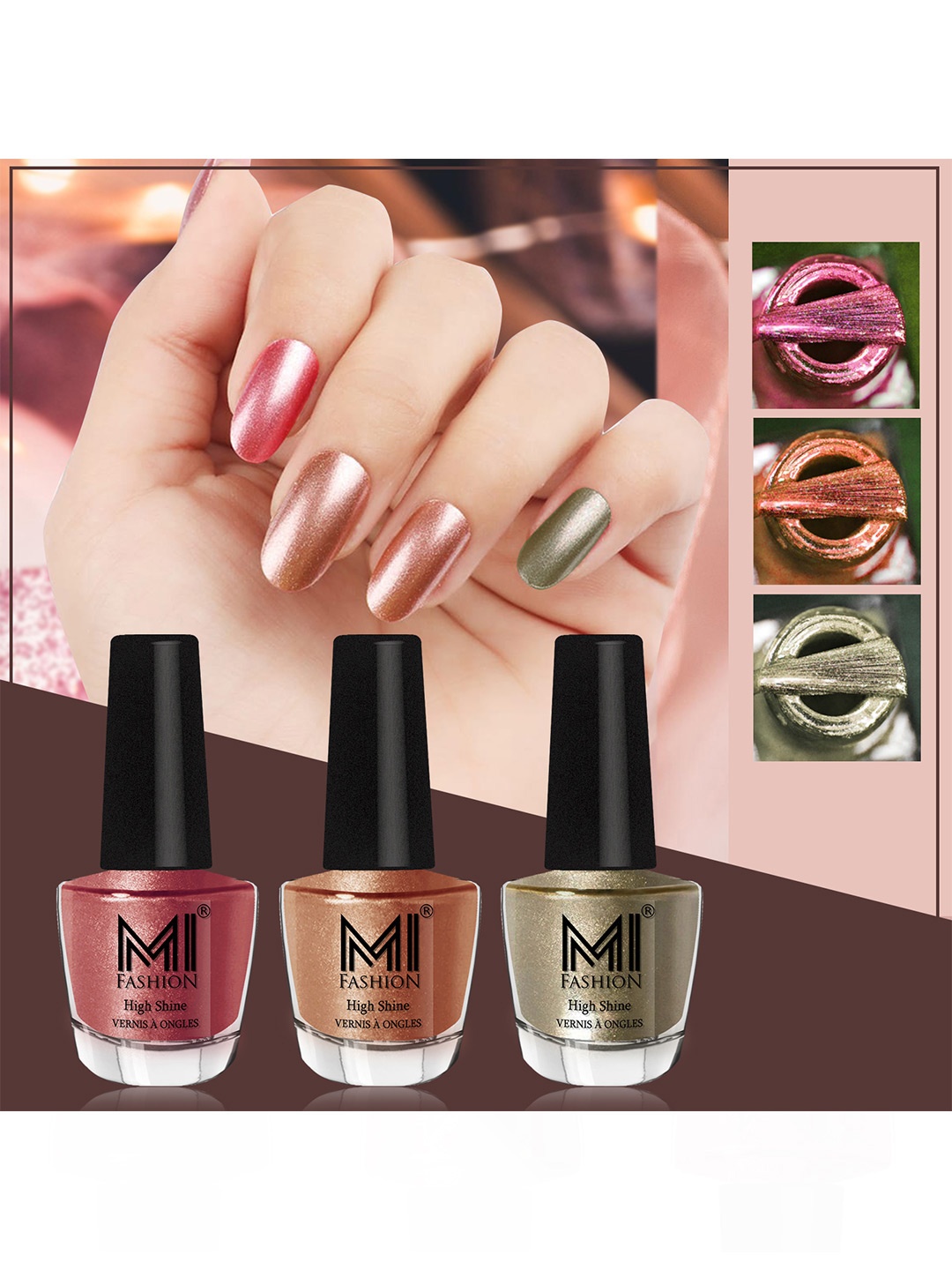 

MI FASHION Set Of 3 High Shine Long Lasting Shimmer Nail Paint - 12ml Each, Pink