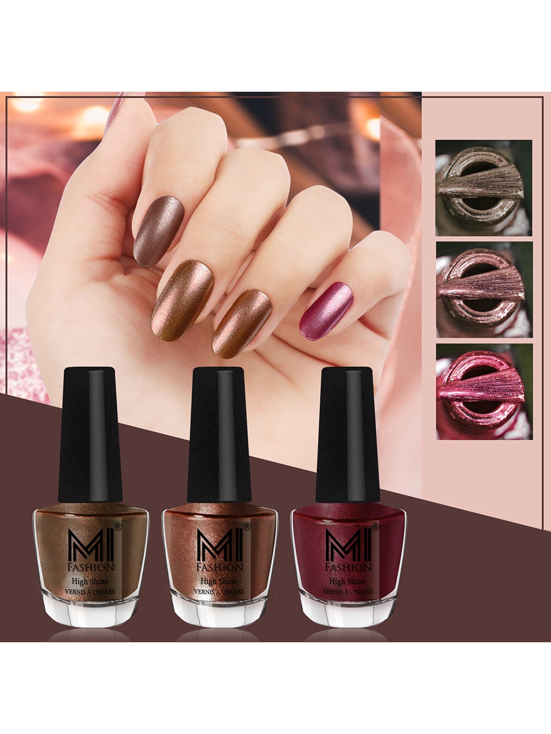

MI FASHION Set of 3 Vernis A Ongles High Shine Long Lasting Shimmer Nail Paint - 12ml each, Brown