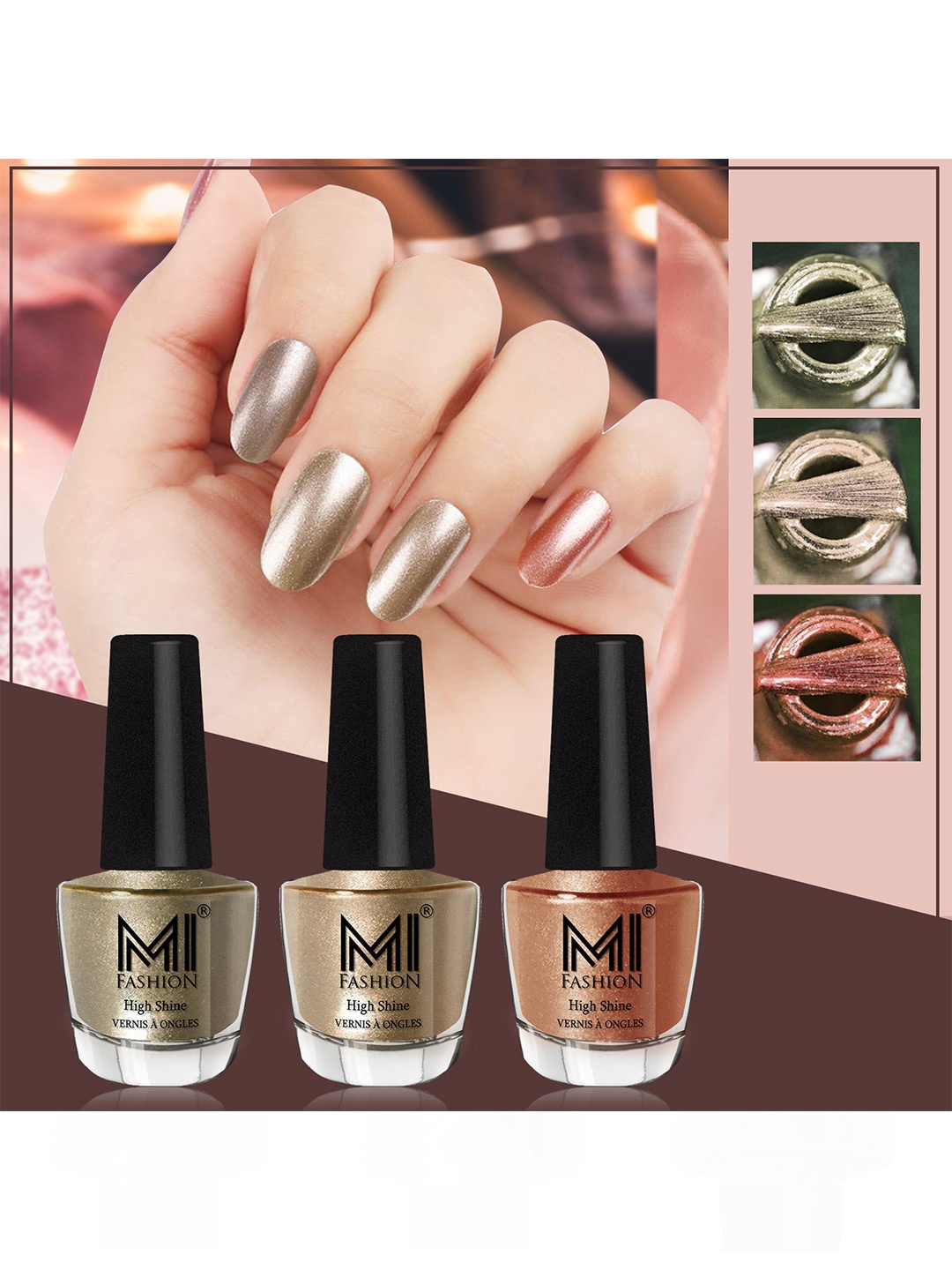 

MI FASHION Set of 3 Vernis A Ongles High Shine Long Lasting Shimmer Nail Paint - 12ml each, Brown