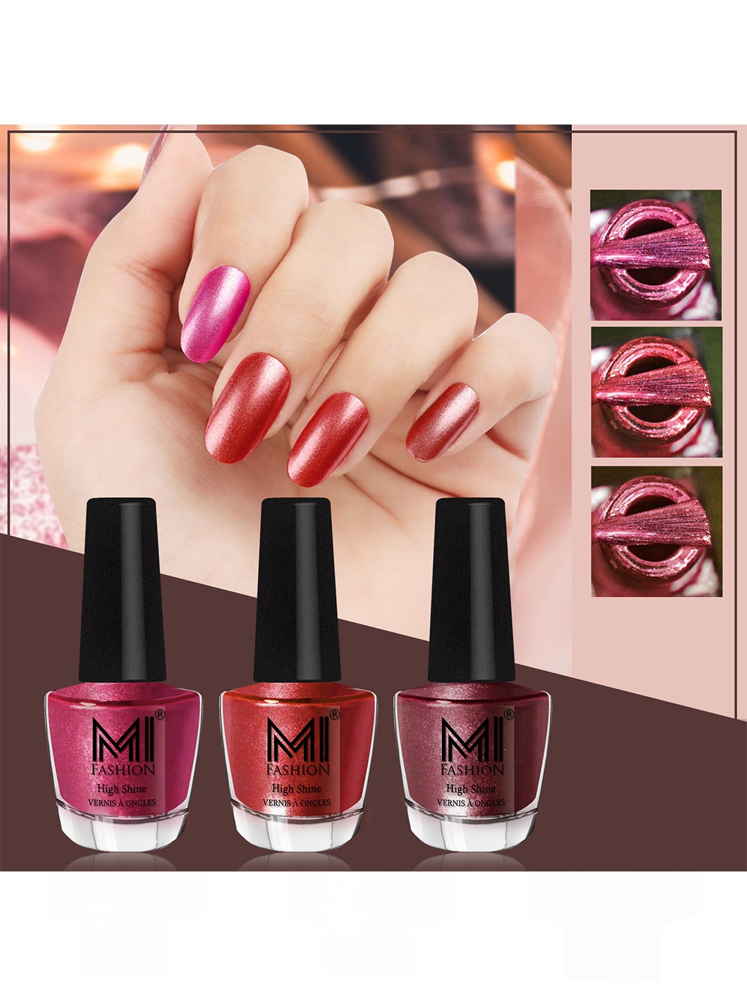 

MI FASHION Set of 3 High Shine Long-Lasting Nail Lacquer 12 ml Each - Metallic Red 06 - Reddish Bronze 07 - Metallic Maroon 10