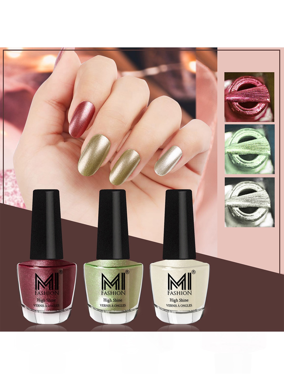 

MI FASHION Set of 3 High Shine Long-Lasting Nail Lacquer 12 ml Each - Metallic Maroon 10 - Metallic Olive Green 11 - Pearly White Chrome 58