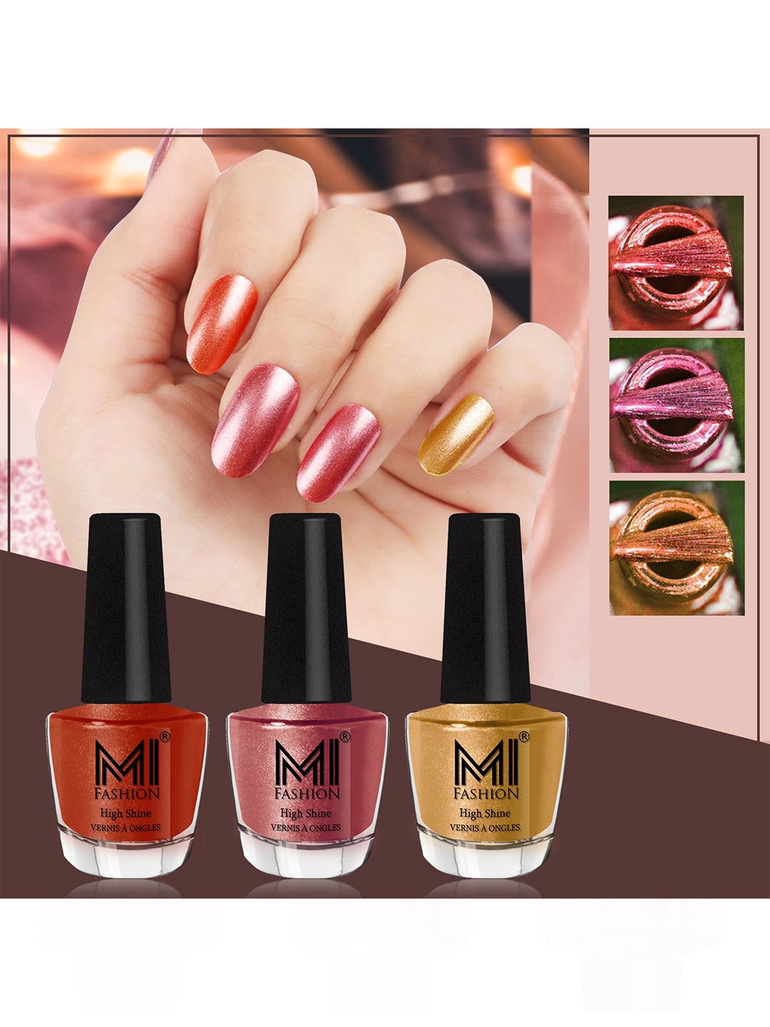 

MI FASHION Set of 3 Vernis A Ongles High Shine Shimmer Nail Paints - 12ml Each, Brown