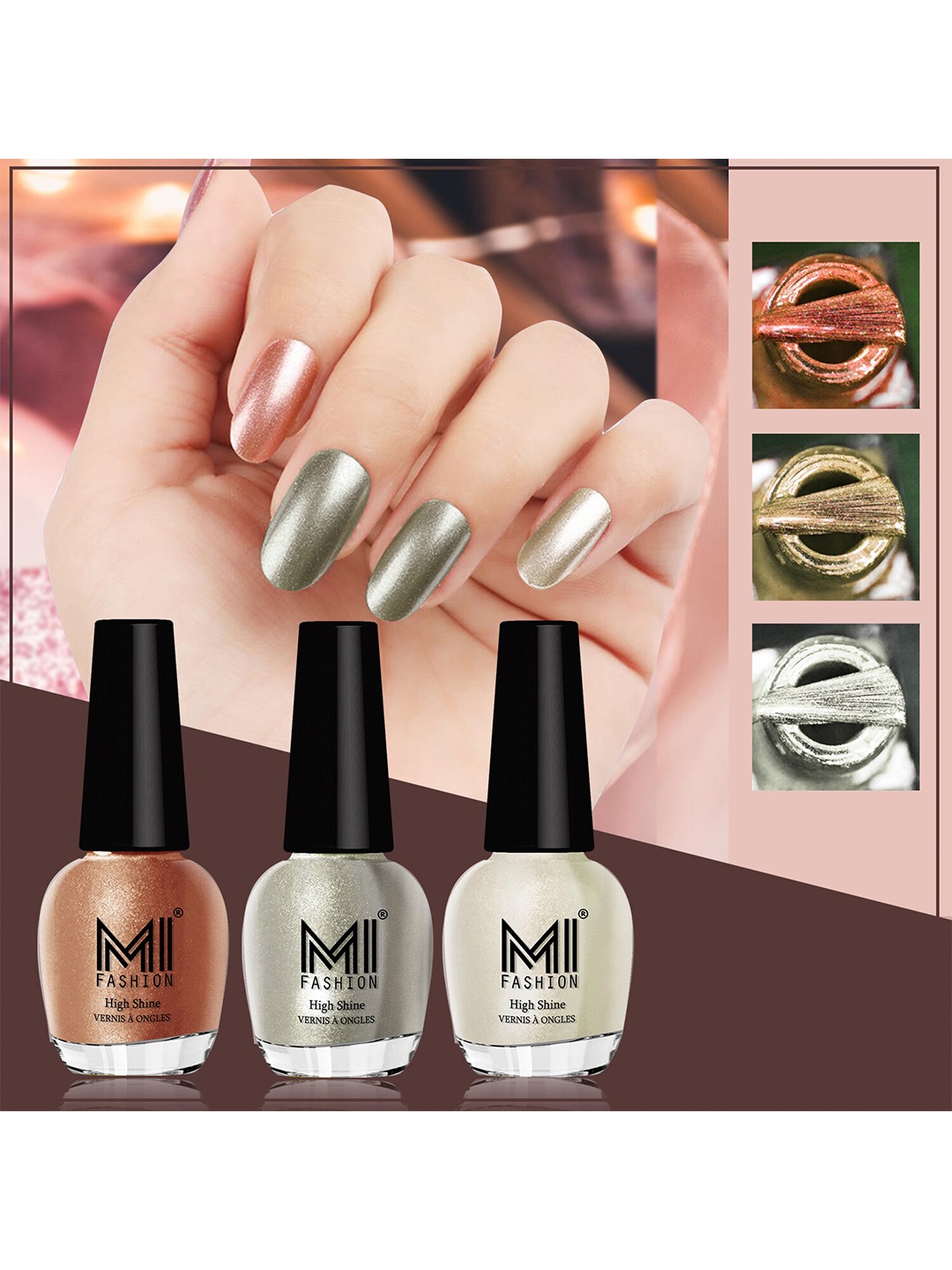 

MI FASHION Set of 3 Vernis A Ongles High Shine Shimmer Nail Paints - 12 ml Each, Brown
