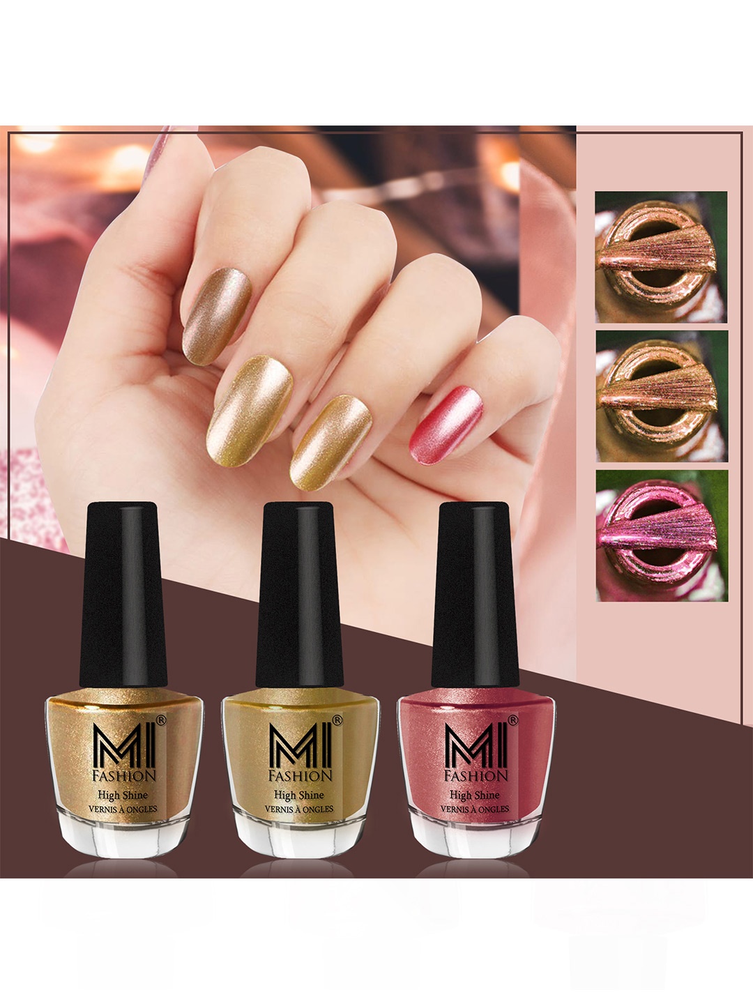 

MI FASHION Set of 3 Vernis A Ongles High Shine Shimmer Nail Paints - 12 ml Each, Bronze