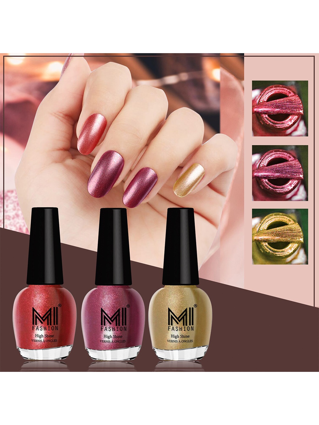 

MI FASHION Set of 3 Vernis A Ongles High Shine Shimmer Nail Paints - 12 ml Each, Red