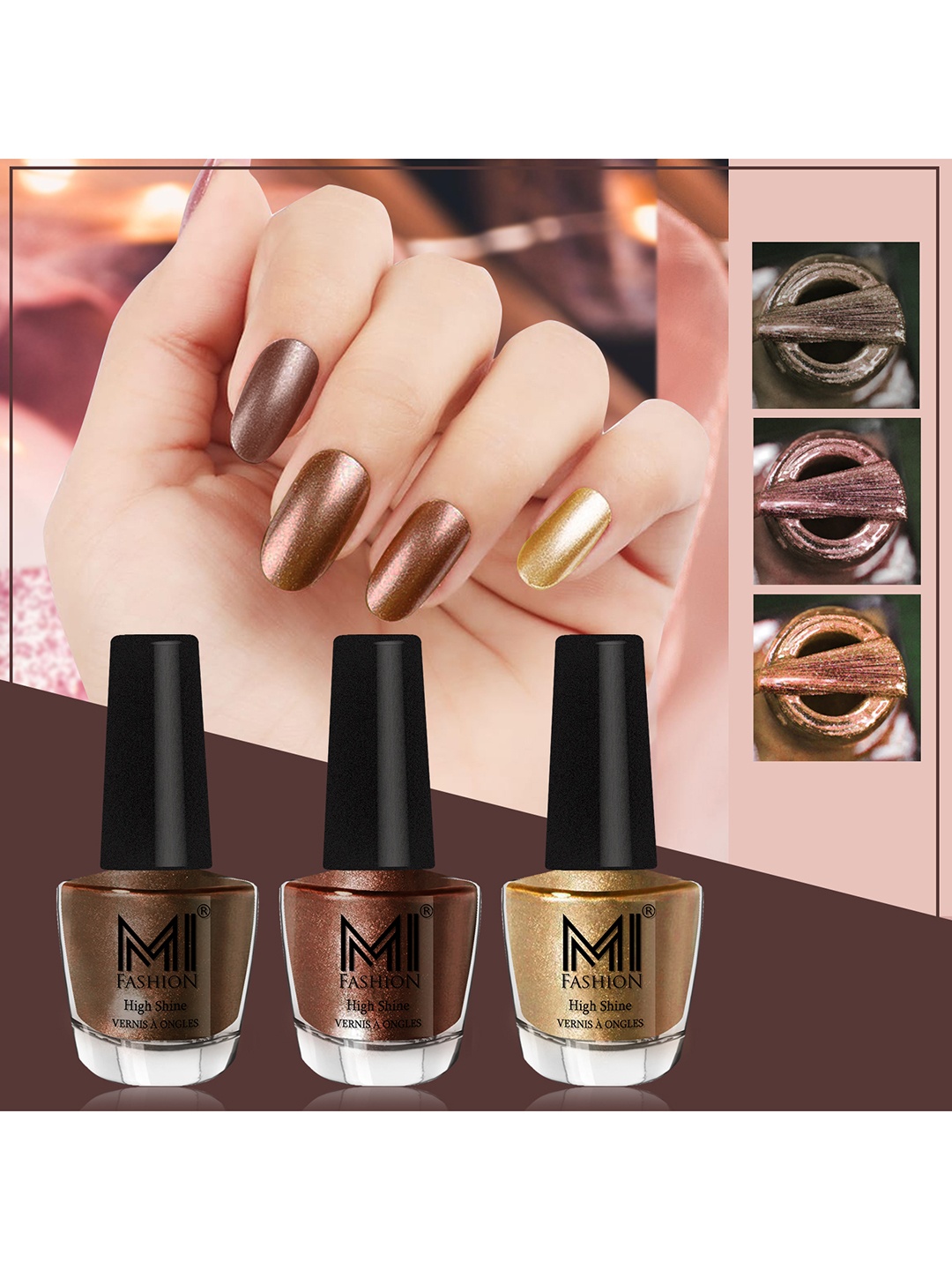 

MI FASHION Set of 3 Vernis A Ongles High Shine Long Lasting Shimmer Nail Paint - 12ml each, Brown