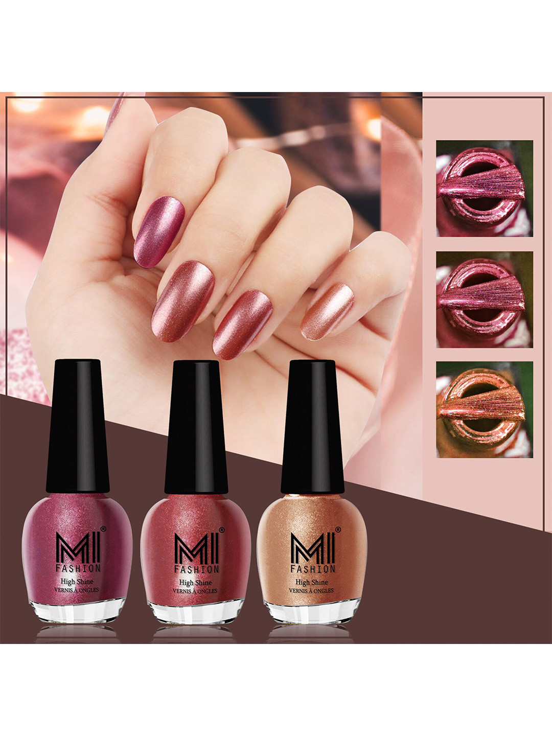 

MI FASHION Set of 3 Vernis A Ongles High Shine Long Lasting Shimmer Nail Paint - 12ml each, Coffee brown