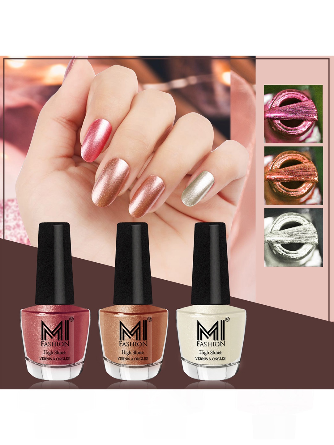 

MI FASHION Set Of 3 High Shine Long Lasting Shimmer Nail Paint - 12ml Each, Pink